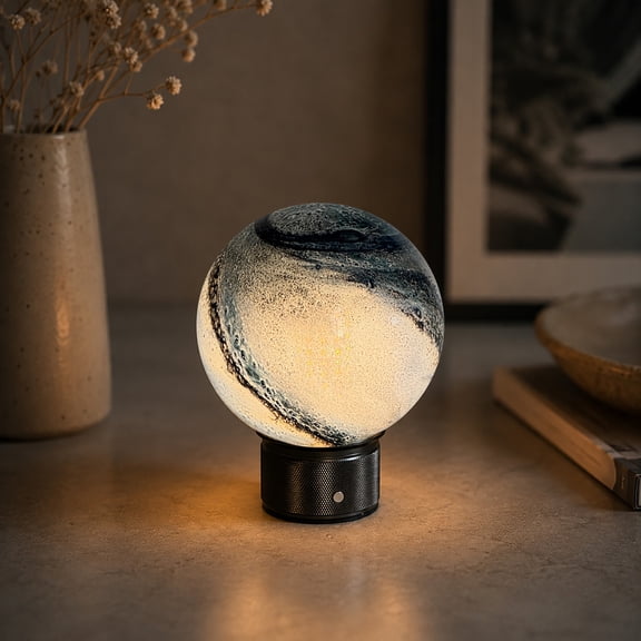 Hand-Blown Art Glass Globe Cordless Table Lamp, Rechargeable Bedside Lamp with Unique Pattern Shade, Flicker-Free LED, 3-Level Dimmable Lighting