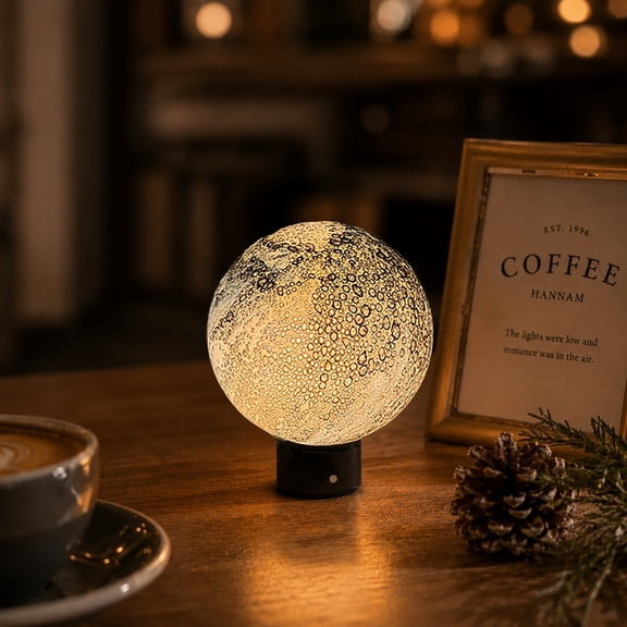 Hand-Blown Art Glass Globe Cordless Table Lamp, Rechargeable Bedside Lamp with Unique Pattern Shade, Flicker-Free LED, 3-Level Dimmable Lighting