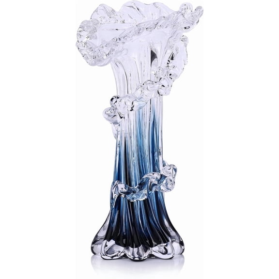 Hand Blown Blue Glass Vase Ocean Wave Design for Coastal Home Decor 9.8 Inch Medium