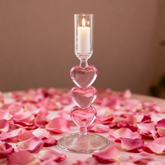 Hand Blown Borosilicate Glass Heart Candlestick Holder for Romantic Valentine's Day Dinner Decor & Gift, Candle Diameter Under 2.5cm