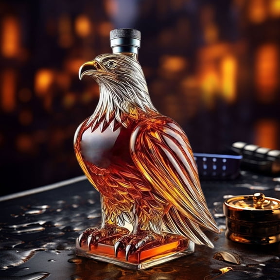 Hand Blown Borosilicate Glass Whiskey Decanter with Bald Eagle Head Stopper Lead Free Liquor Bottle Sculpture for Home Bar Man Cave Display