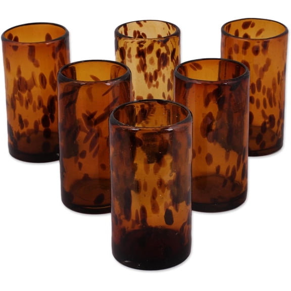 Hand Blown Brown Recycled Glass Water Glasses,12 Oz 'Tall Tortoise Shell' (Set Of 6), Extra large