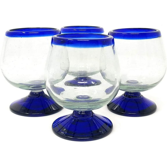 Hand Blown Cognac Glasses Set of 4 Snifter Glasses with Cobalt Blue Rims