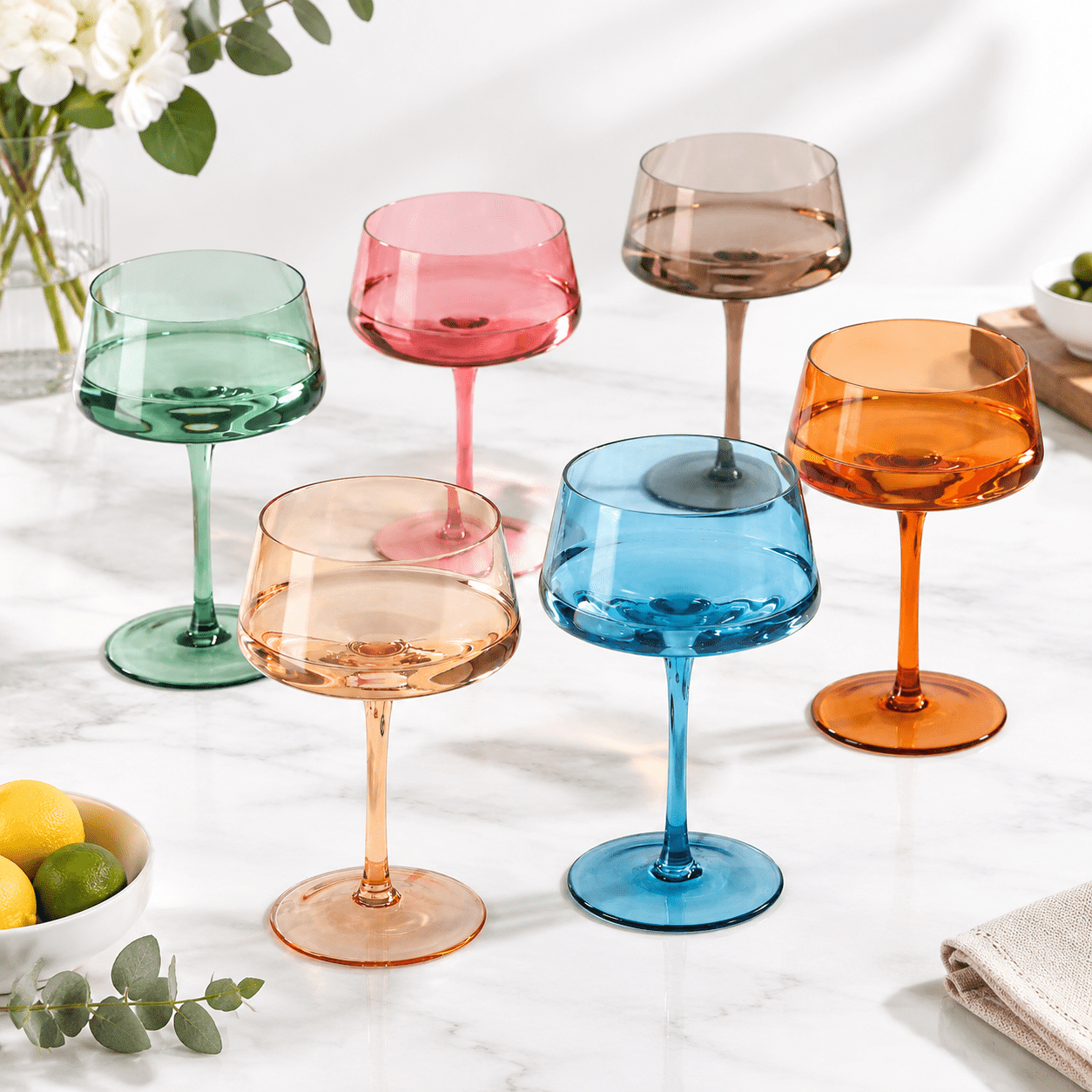 Cocktail Bar Collection Hand Blown Colored Coupe Glasses Set Of 6-13oz Large Crystal Martini ...