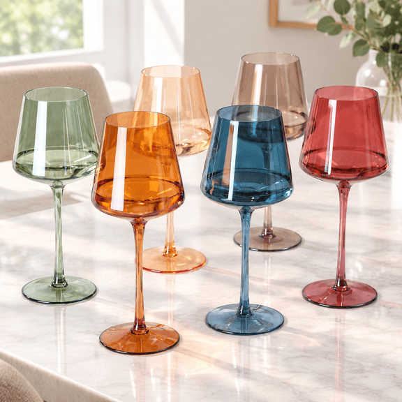 Hand Blown Colored Wine Glasses Set of 6-18oz Multi Colored Square Wine Glasses with Tall Long Stems and Flat Bottom, Crystal Colorful Wine Glass-Wedding, Birthday Gifts