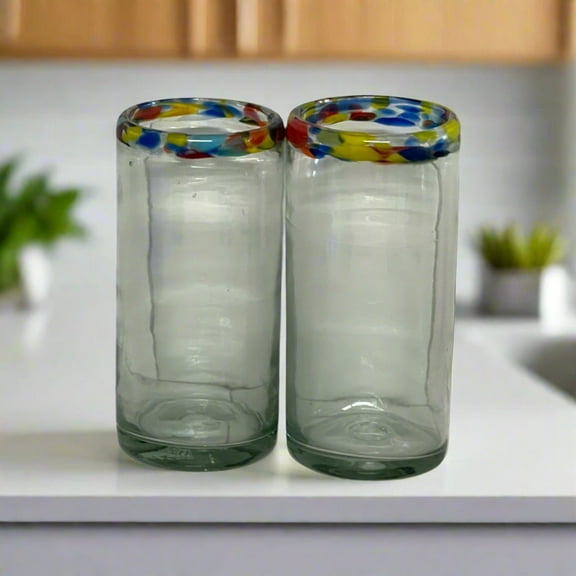 Hand Blown Colorful Tumbler Glass | Confetti Rim (Setof2)