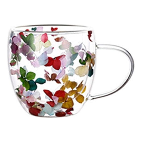 Hand Blown Double Walled Borosilicate Glass Cup with Encased Dry Flowers 250ml or 350ml Insulated Mug for Hot and Cold Drinks