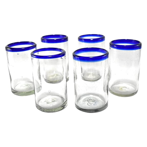 Hand Blown Drinking Glasses Artisan Crafted from Mexico Set of 6 pieces (Cobalt Blue Rim, Water 16 Oz.) Water 16 Fl. Oz.