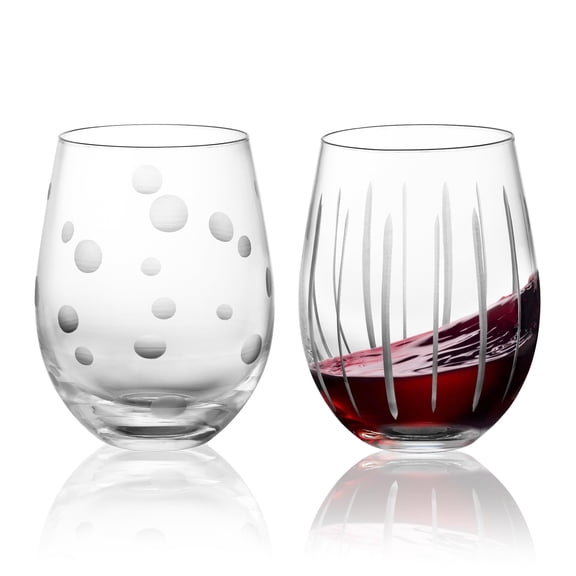Hand Blown Etched Stemless Wine Glasses with Dots Strips Pattern for Red Wine,Large Carved Drinking Glass Cups Tumblers for Wedding Anniversary Party Home,Set of 4,17.5 oz