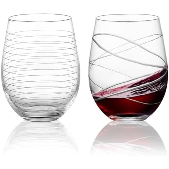 Hand Blown Etched Stemless Wine Glasses with Strips Swirls Pattern for Red Wine,Large Carved Drinking Glass Cups Tumblers for Wedding Anniversary Party Home,Set of 2, 17.5 oz, Dishwasher Safe