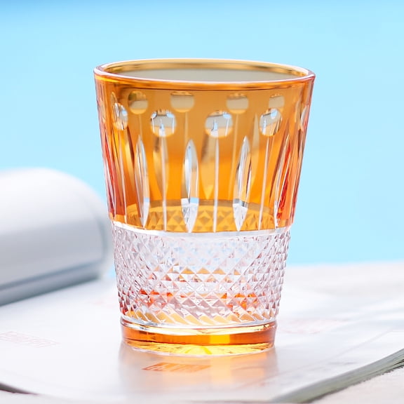 Hand Blown Glass Bohemian Czech Style Crystal Glass Hand Cut Clear Glassware 9oz Orange