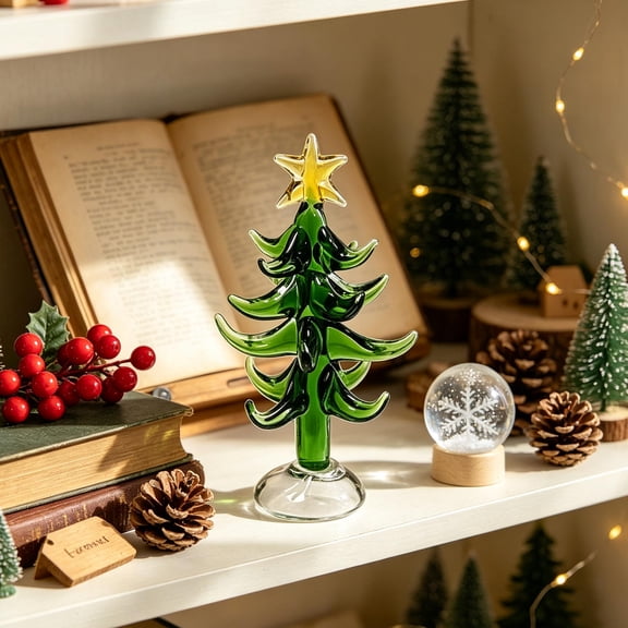 Hand Blown Glass Christmas Tree Figurine, Mini Crystal Xmas Tree Statue with Star Topper, Translucent Art Glass Holiday Decor for Tabletop Shelf, Winter Fireplace Mantel Decoration