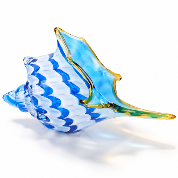 Hand Blown Glass Conch Statue, Blue With Yellow Trim, Modern Art Decorative Shell for Home and Office