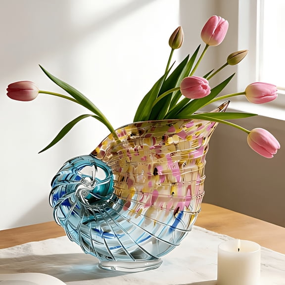 Hand-Blown Glass Conch Vase, Handcrafted Liuli Seashell Sculpture, Multi-use as Desktop Decor, Candy Dish & Jewelry Holder, Marine Tabletop Ornament, Elegant Gift for Women