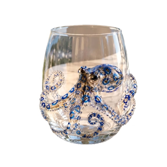 Hand Blown Glass Cup with Raised Octopus Design Stemless Drinking Tumbler for Water Juice Tea Coffee Home Table Use