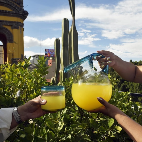 Hand-Blown Glass Drink Pitcher From Mexico Blue Rim | Authentic Handcrafted 84oz Mexican Carafe with Handle