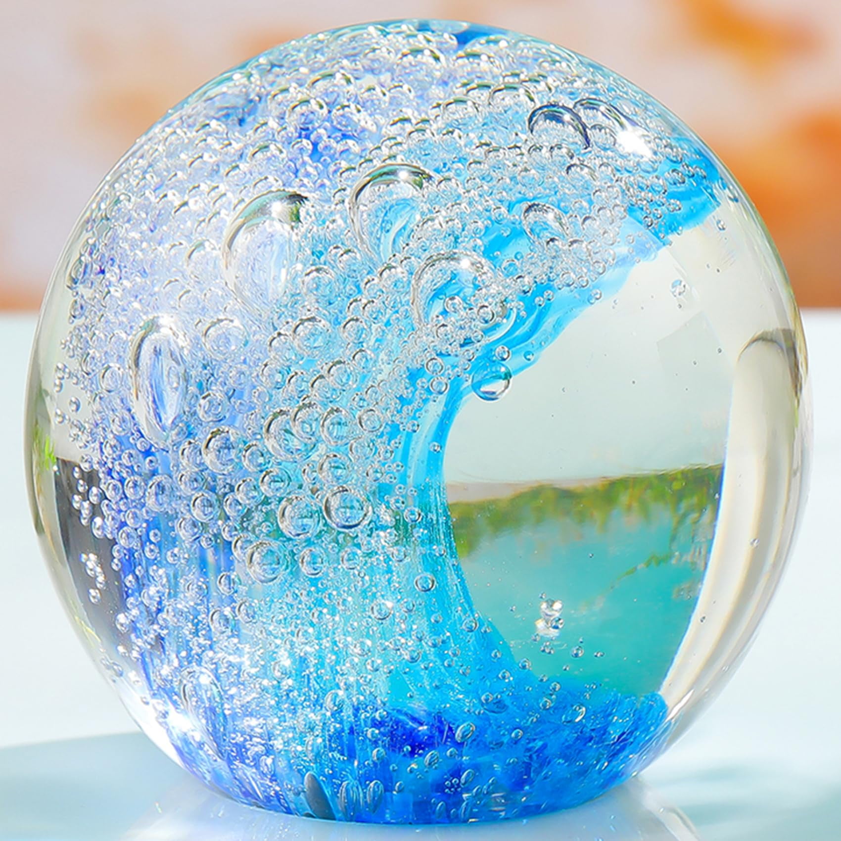 Art Glass Ocean Waves Paperweight - Green Blue Handmade Glass Ball Home Decor | Surfing Theme Decoration