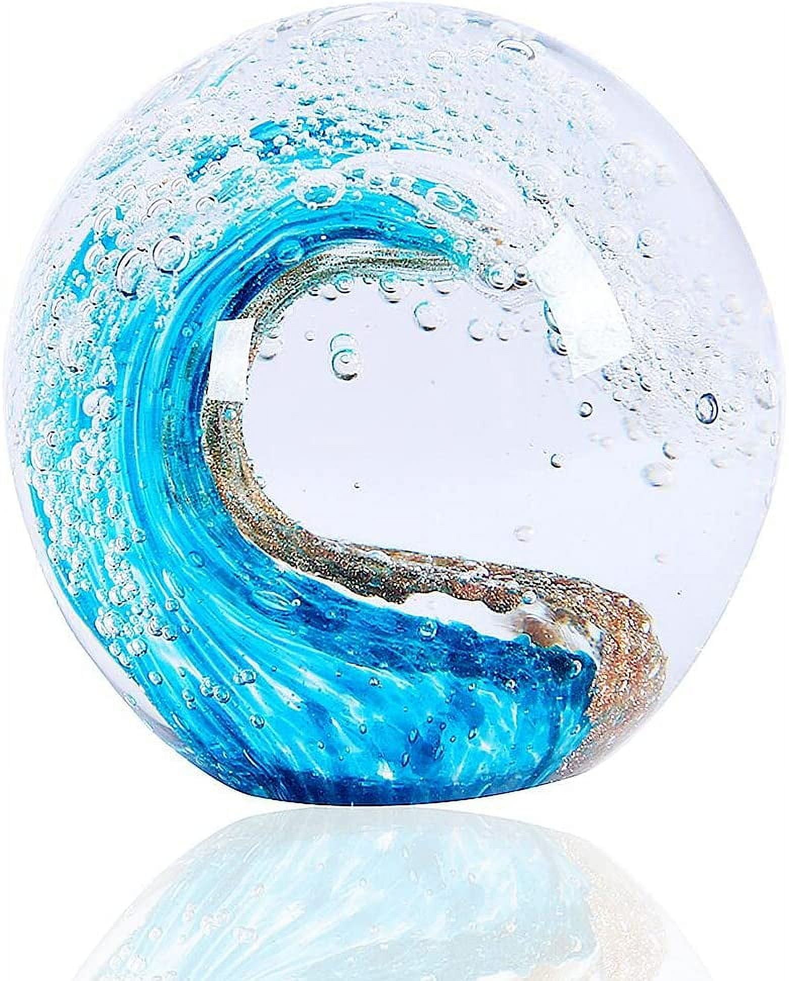 Hand Blown Glass Figurines Ball Ocean Waves,Paperweight Glass Ball,Home Decor Collectible