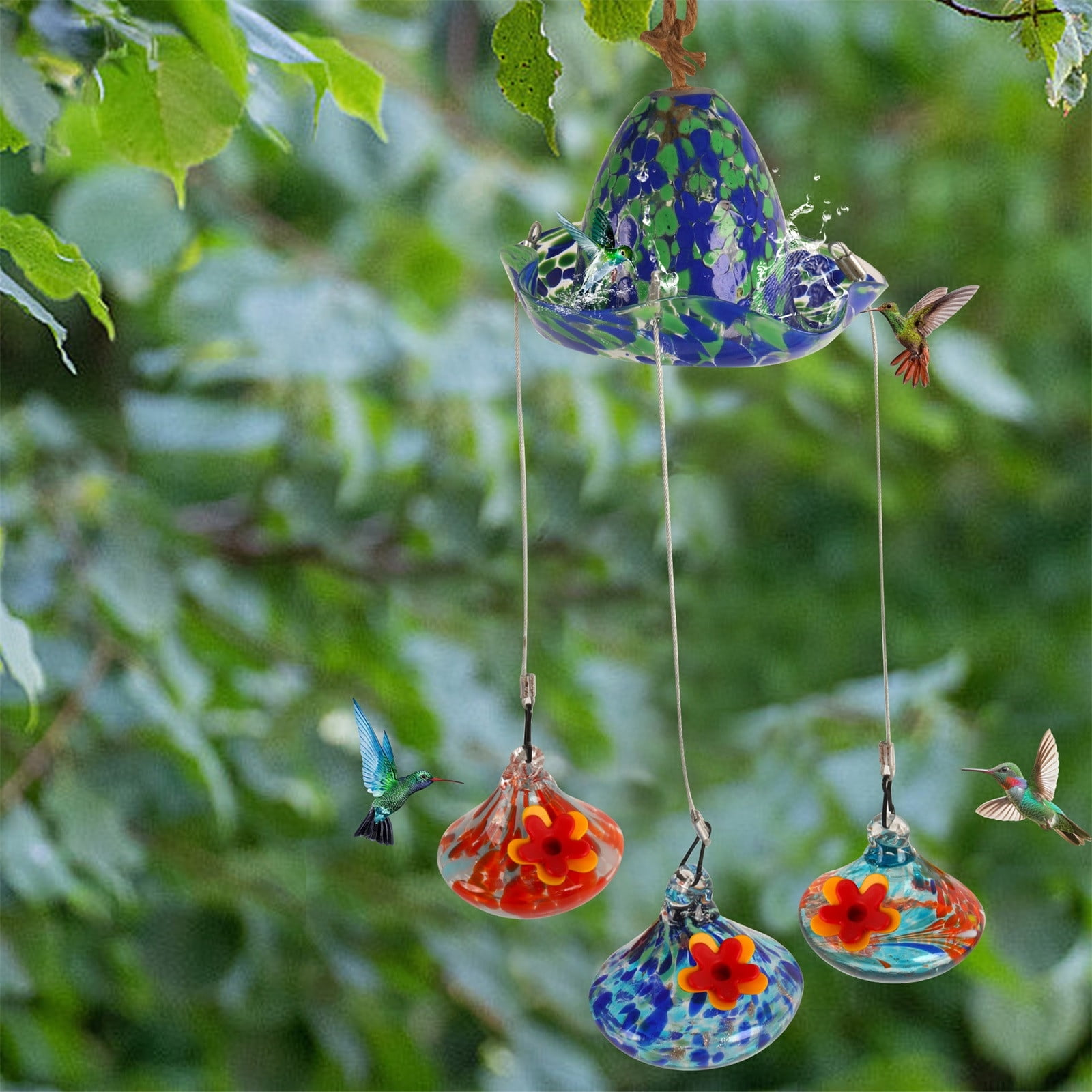 Hand Blown Glass Hanging Hummingbird Feeder with Floating Fountain, Outdoor Garden Bird Water Feeder with 3 Feeding Cups for Yard Patio
