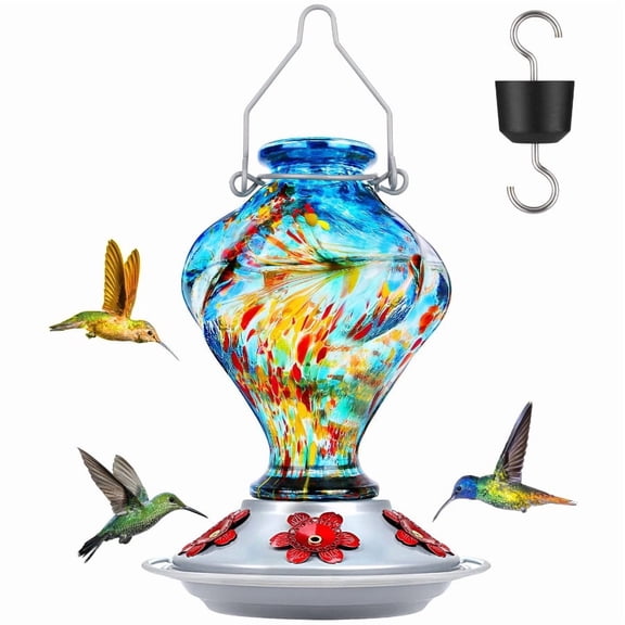 Hand Blown Glass Hummingbird Feeder, 22oz Nectar Feeder for Outdoors Hanging, Ant Moat & Bee Guard, 5 Flower Feeding Ports, Leak-Proof 360° Perch, Blue, Easy to Refill & Clean, Garden Backyard Decor,