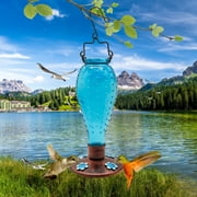 Hand Blown Glass Hummingbird Feeder,4 Feeding Metal Stations,Outdoor Hanging Garden Backyard Decorative,Blue