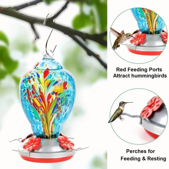 Hand Blown Glass Hummingbird Feeders for Outdoors Hanging Patio Garden DecorationsHummingbird Feeder with Ant Moat Hook Brush and Service Card (Fire and Circle)