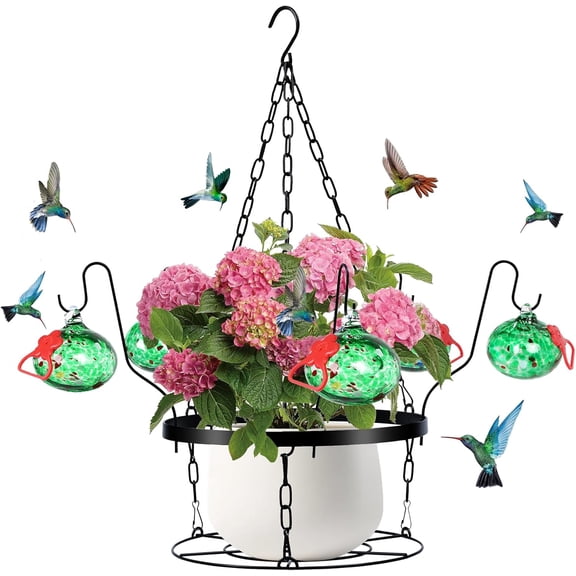 Hand Blown Glass Hummingbird Feeders for Outdoors with Hanging Planter(11 inch),Metal Hanging Plant Holder and Glass Hummingbird Feeder 2-in-1(POTS NOT Included)