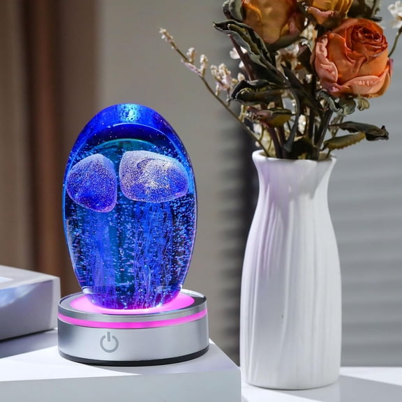 Hand Blown Glass Jellyfish Lamp - Ocean Themed Crystal Ball Desk Decor with LED Light, Aquarium & Beach Room Decoration, Collectible Figurine Paperweight Gift for Women (Blue)