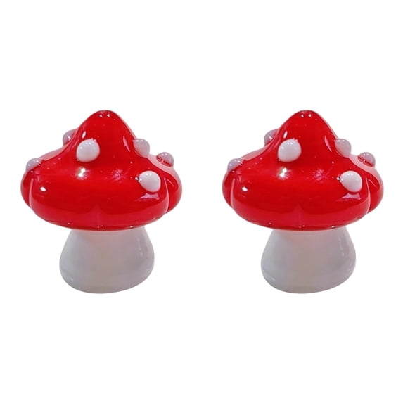 Hand Blown Glass Mini Mushrooms Colorful Tiny Glass Figurines Miniature Mushroom Decor for Dashboard Decor, Terrarium, Desk Shelf, Aquarium, Gift for Women, Desktop (Red, 2PCS)
