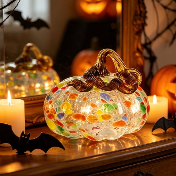 Hand Blown Glass Pumpkin, Colorful Speckled Art, Twisted Leaf Fall Centerpiece for Desk, Venetian Glass Harvest Decor, Luxury Autumn Table Accent​, B