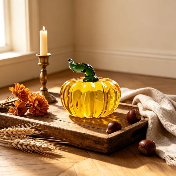 Hand-Blown Glass Pumpkin Figurine, Transparent Fall Harvest Tabletop Decor for Thanksgiving Home