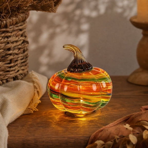 Hand Blown Glass Pumpkin Light with Multicolor Swirl LED Design, Glowing Art Glass Pumpkin Figurine for Fall Halloween Thanksgiving, Tabletop Ornament for Home Mantel Shelf and Windowsill Display