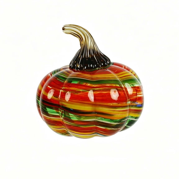 Hand Blown Glass Pumpkin Ornament Swirl Art Glass Figurine for Fall Thanksgiving Festive Table Decor(Orange A)