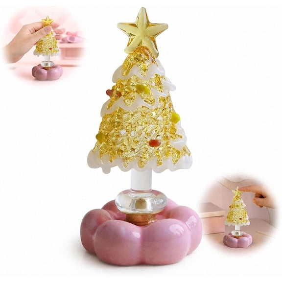Hand Blown Glass Rotating Christmas Tree Figurine Tabletop Holiday Decor, Rotating Glass Christmas Tree Figurine for Desk Shelf Decor Festive Xmas Gift