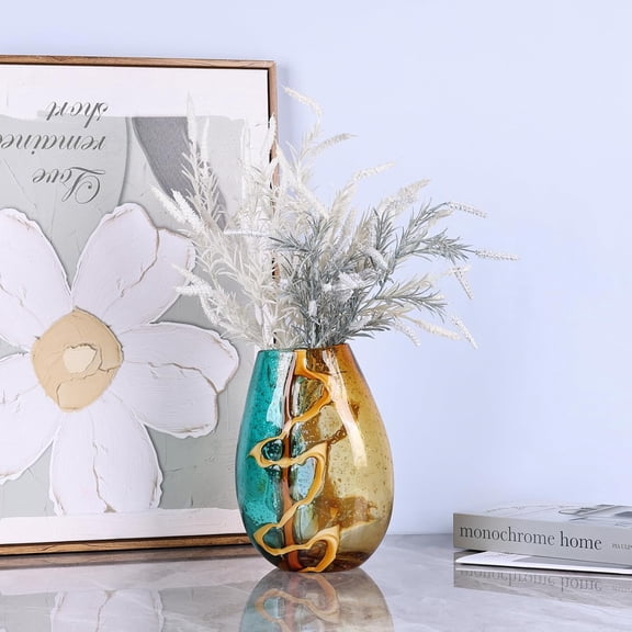 Hand Blown Glass Vase Amber Teal Murano Style Decorative Flower Vase for Home Living Room Office Centerpiece Gift