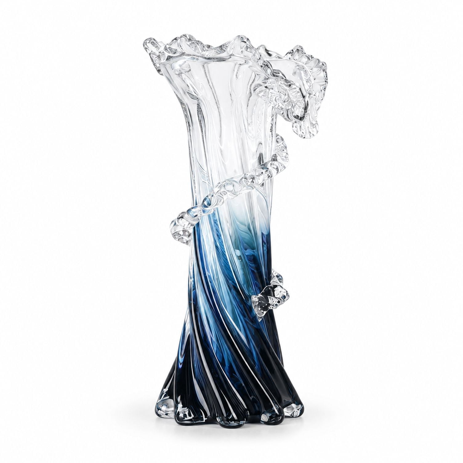Hand Blown Glass Vase, Ocean Wave Gradient Design, Blue White, Coastal ...
