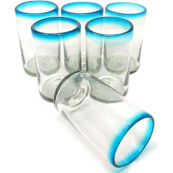 Hand Blown Mexican Drinking Glasses Set of 6 Aqua Rim Glasses 14 oz