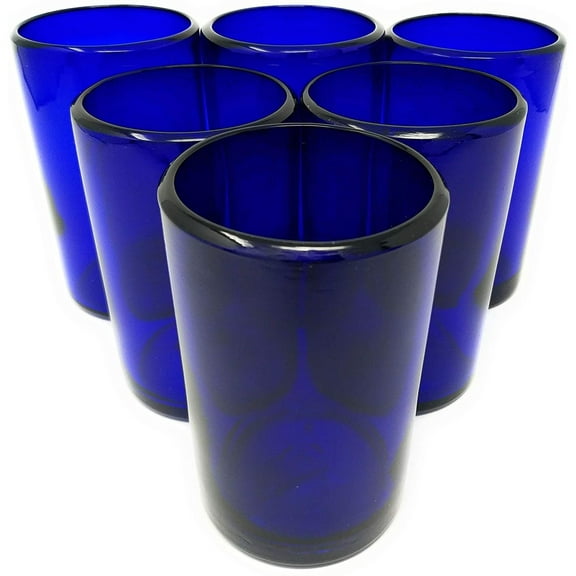 Hand Blown Mexican Drinking Glasses Set of 6 Cobalt Water Glasses 14 oz