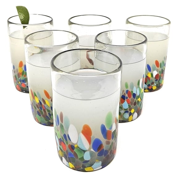 Hand Blown Mexican Drinking Glasses Set of 6 Confetti Carmen Design Glasses (14 oz each)