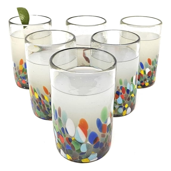 Hand Blown Mexican Drinking Glasses Set of 6 Confetti Carmen Design Glasses (14 oz each)