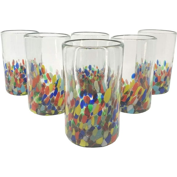 Hand Blown Mexican Drinking Glasses Set of 6 Confetti Carmen Glasses 14 oz