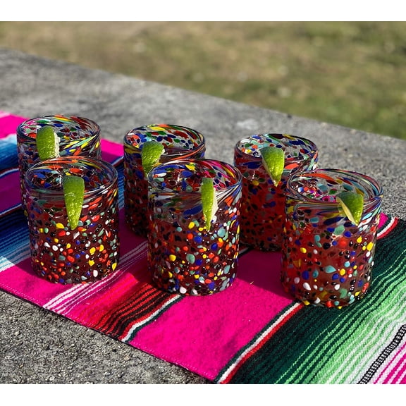 Hand Blown Mexican Drinking Glasses Set of 6 Confetti Rock Tumbler Glasses (10 oz each)