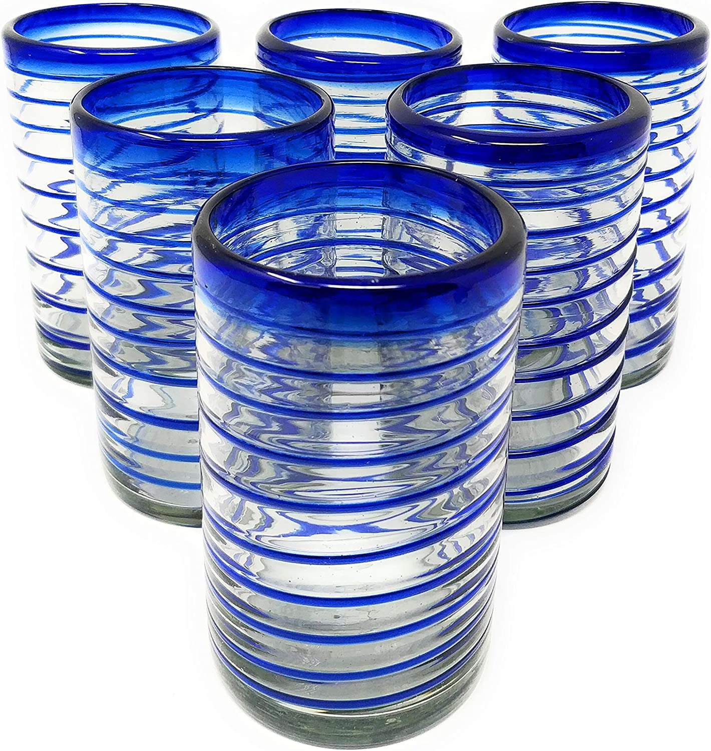 Hand Blown Mexican Drinking Glasses – Set of 6 Glasses with Cobalt Blue ...
