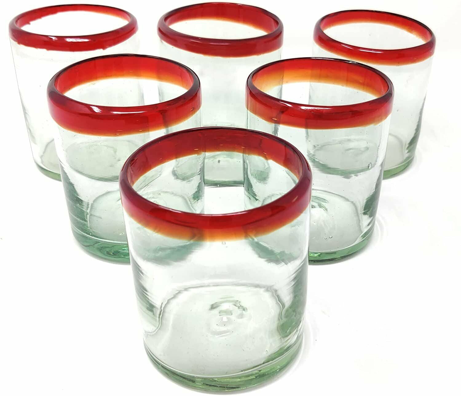 Hand Blown Mexican Drinking Glasses - Six Tumbler Glasses with Red Rims ...