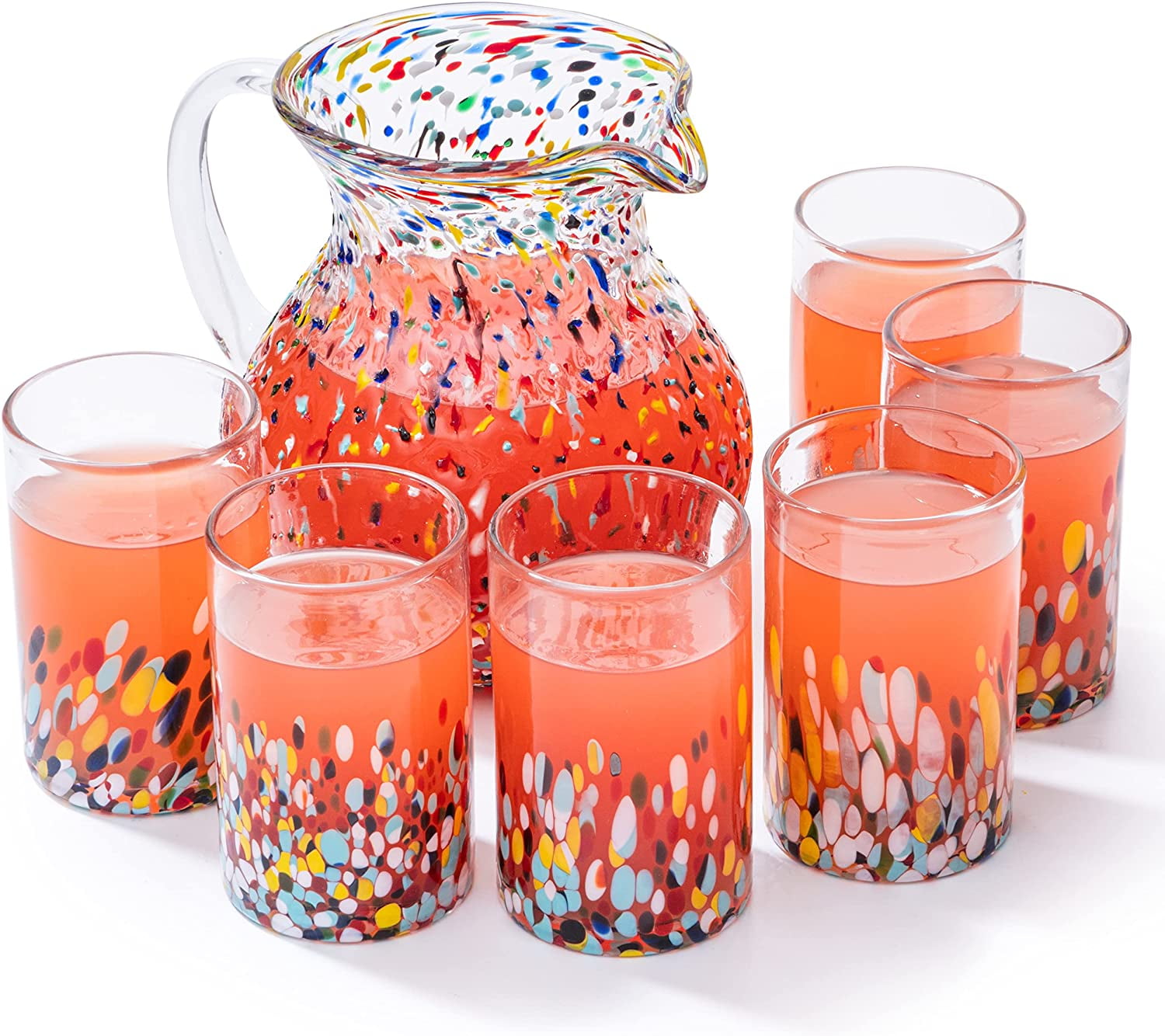 Hand Blown Mexican Drinking Glasses and Pitcher  Set of 6 with Mexican Confetti Design (14 oz each) and Pitcher (84 Ounces) by The Wine Savant