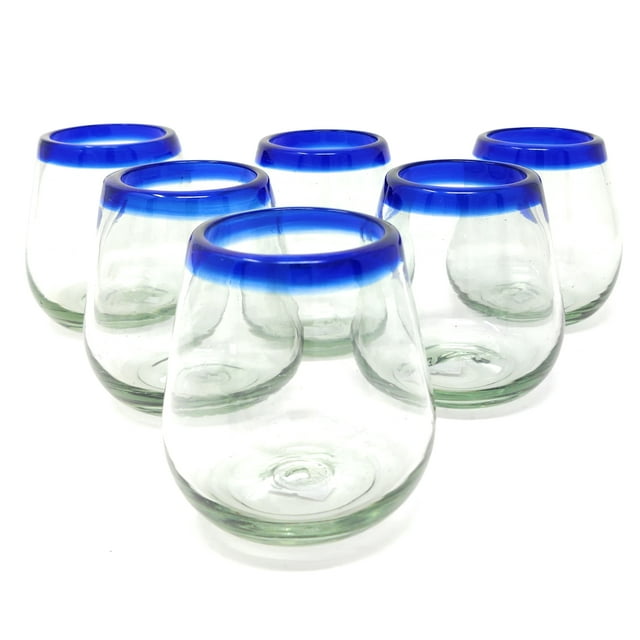 Hand Blown Mexican Stemless Wine Glasses Set of 6 Glasses with Cobalt