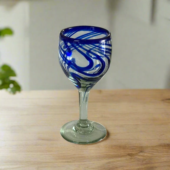Hand Blown Mexican Wine Glass | Blue Swirl Glass Goblets