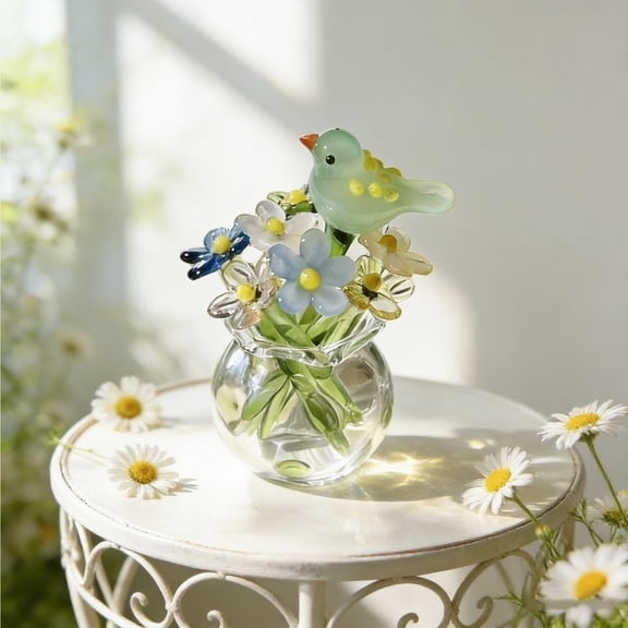 Hand Blown Mini Glass Vase Set With Decorative Bird Accents, Tabletop Display For Living Room Office Shelf, Durable High Borosilicate Style, Perfect For Small Buds Flowers Or Artistic Home Styling