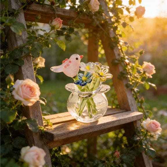 Hand Blown Mini Glass Vase Set With Decorative Bird Accents, Tabletop Display For Living Room Office Shelf, Durable High Borosilicate Style, Perfect For Small Buds Flowers Or Artistic Home Styling