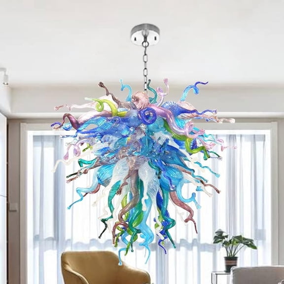 Hand Blown Murano Glass Chandelier 28" D x 36" H, Modern Colorful Branch Pendant Light Fixture with E12 Bulbs for Foyer, Dining Room, Living Room, High Ceiling Entryway
